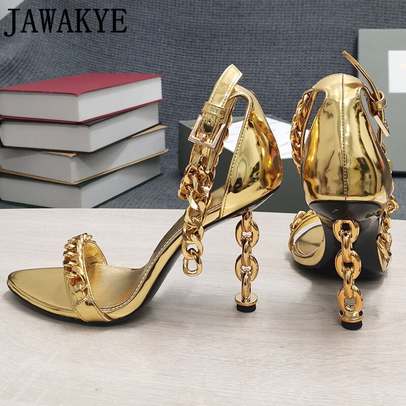 Gold patent high-heel chain sandals with ankle strap and gold-tone chain