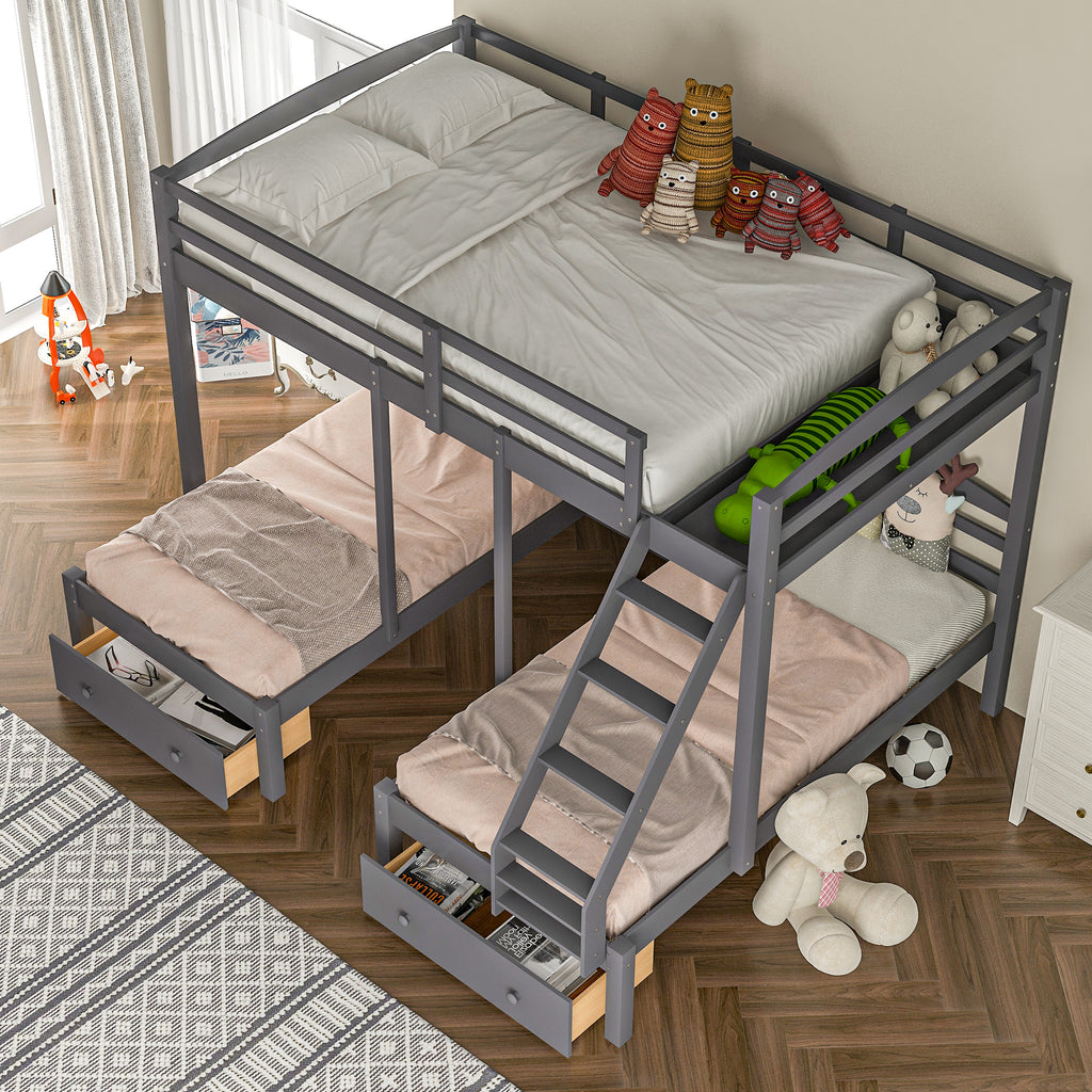 Gray triple bunk bed with guard rails, built-in ladder, and drawer fronts