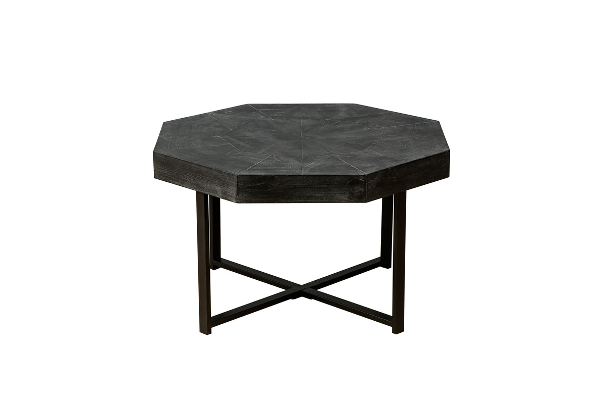 Antique black octagonal coffee table with cross metal legs and flat tabletop
