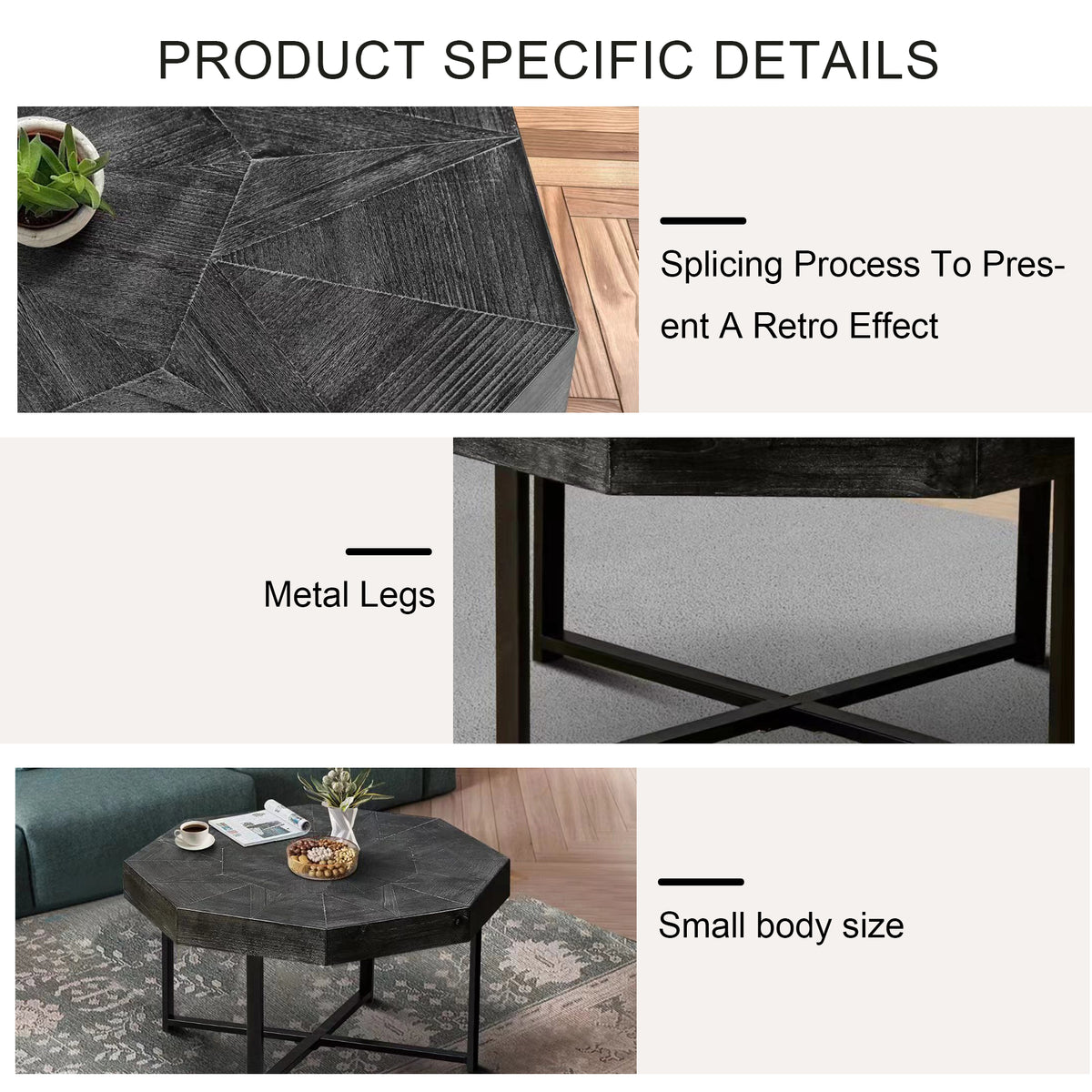 Antique black octagonal coffee table detail with textured top and metal X legs