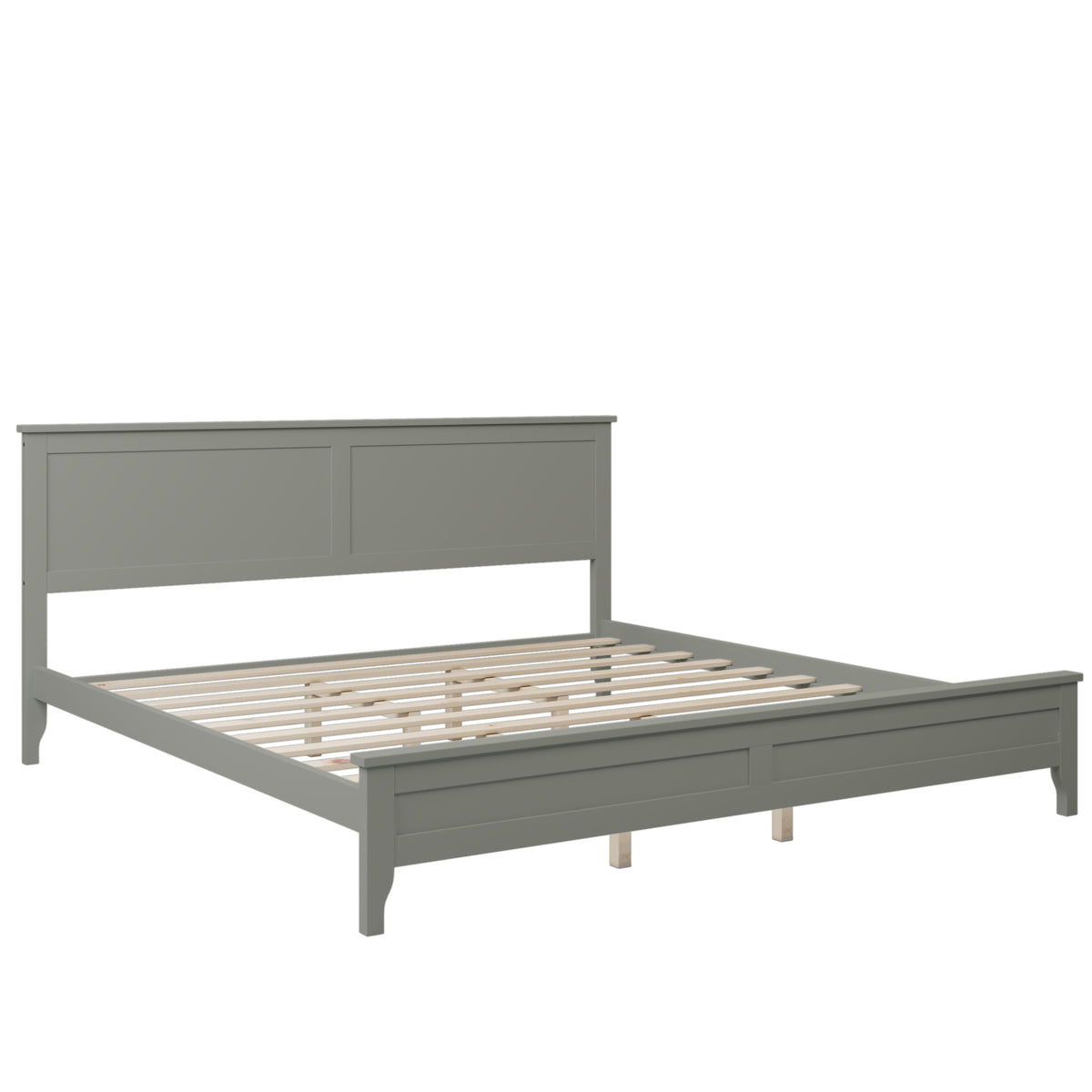 Gray king platform bed frame with tall headboard and slatted center support