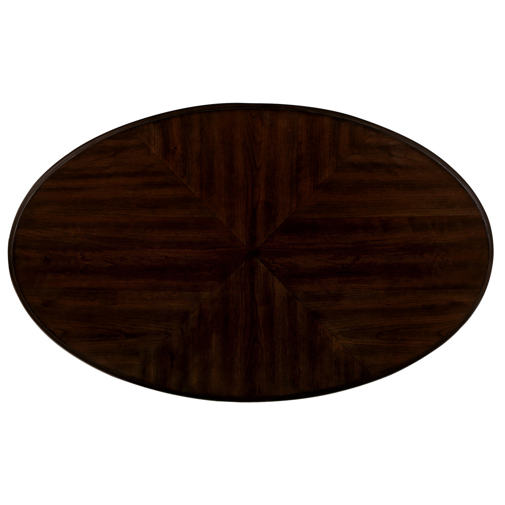 Dark oval wooden tabletop with rich wood grain pattern
