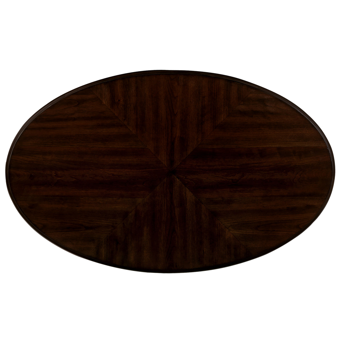 Dark oval wooden tabletop with rich wood grain pattern