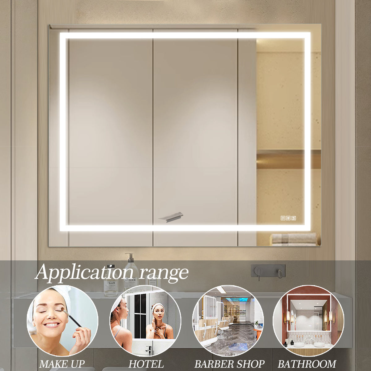 LED bathroom vanity mirror with illuminated frame mounted on the wall