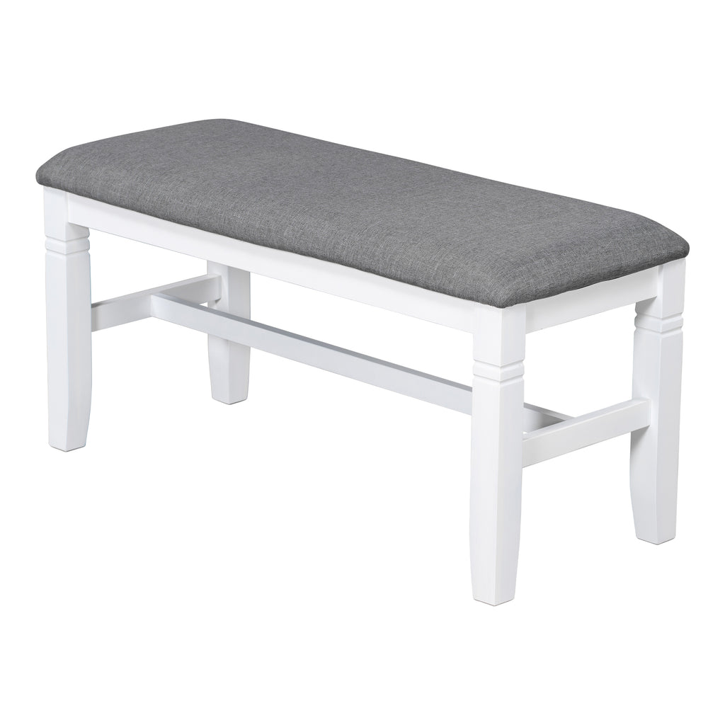 Upholstered dining bench with gray fabric seat and white wooden legs