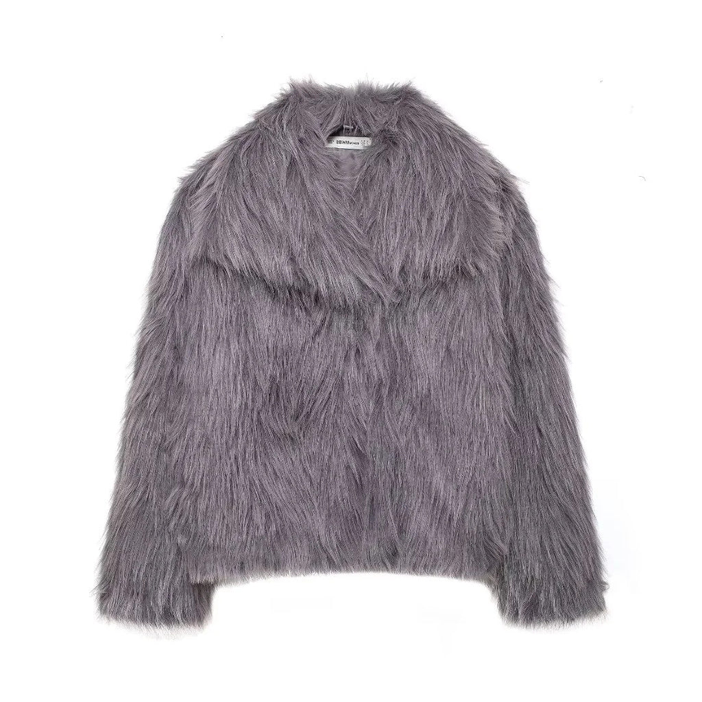 Gray faux fur jacket with wide collar, long sleeves, open front