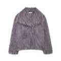 Gray faux fur jacket with wide collar, long sleeves, open front