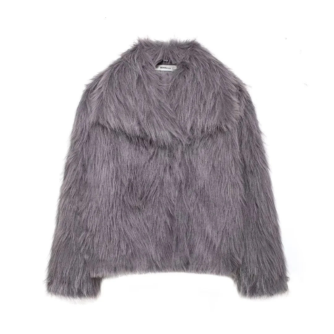 Gray faux fur jacket with wide collar, long sleeves, open front