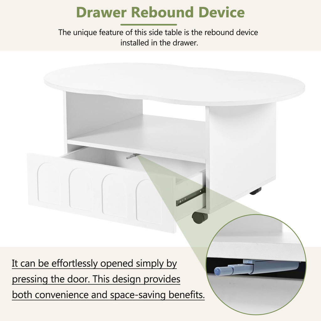 White oval coffee table showing drawer interior with a push-open rebound mechanism