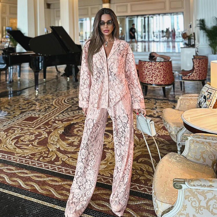 Blush pink lace sheer two-piece shirt and wide-leg pants set with long sleeves.