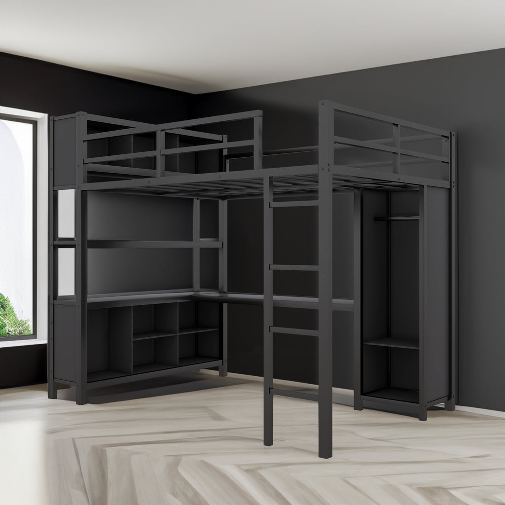 Black metal full-size loft bed with built-in wardrobe and open storage shelves
