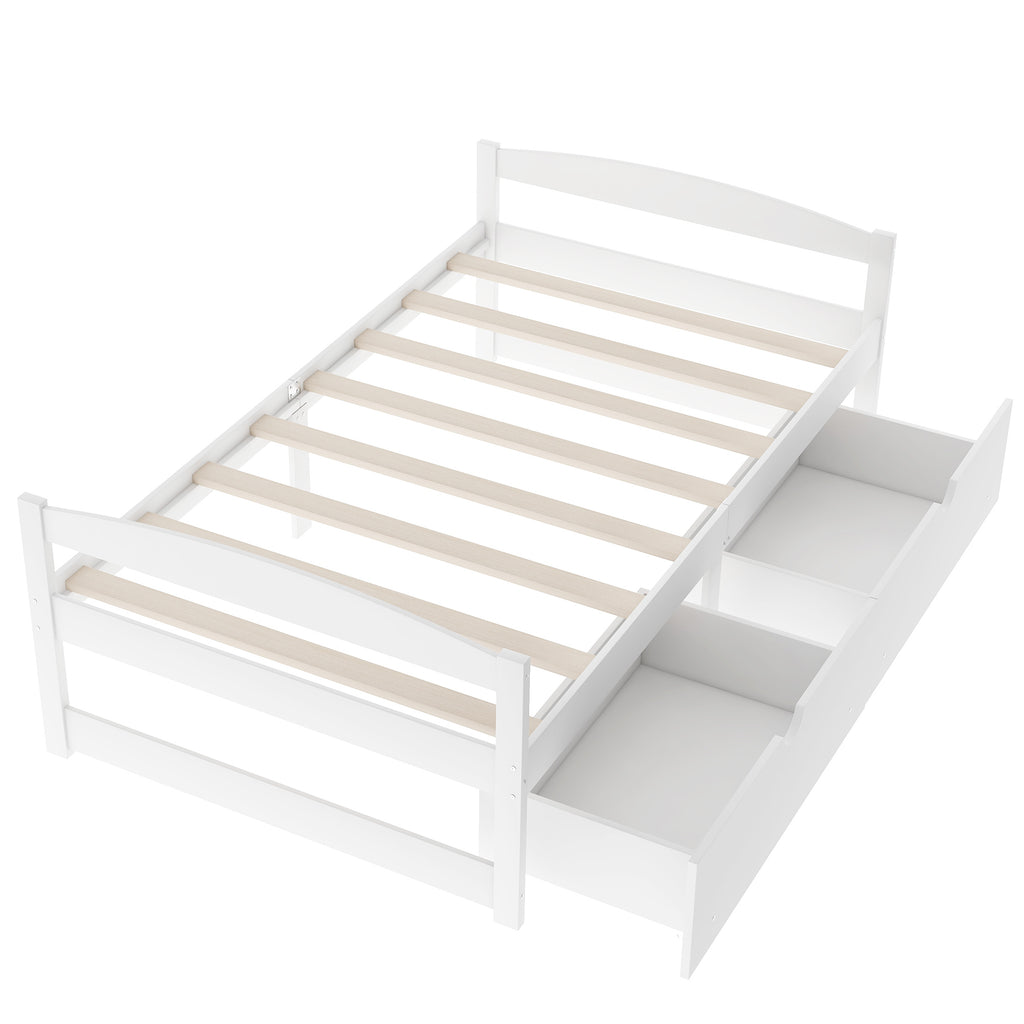 White twin platform bed with slatted base and two drawer compartments on the side.