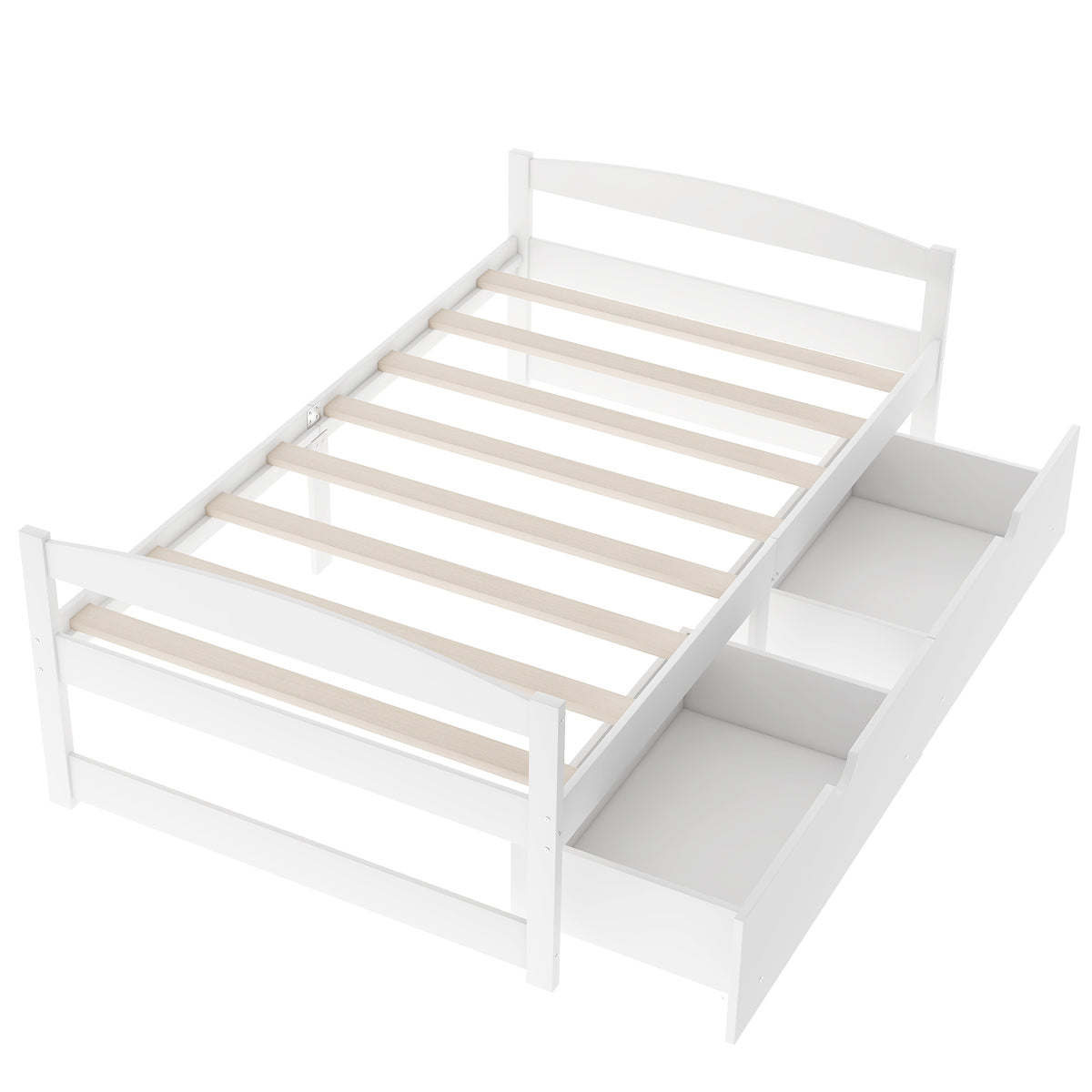 White twin platform bed with slatted base and two drawer compartments on the side.