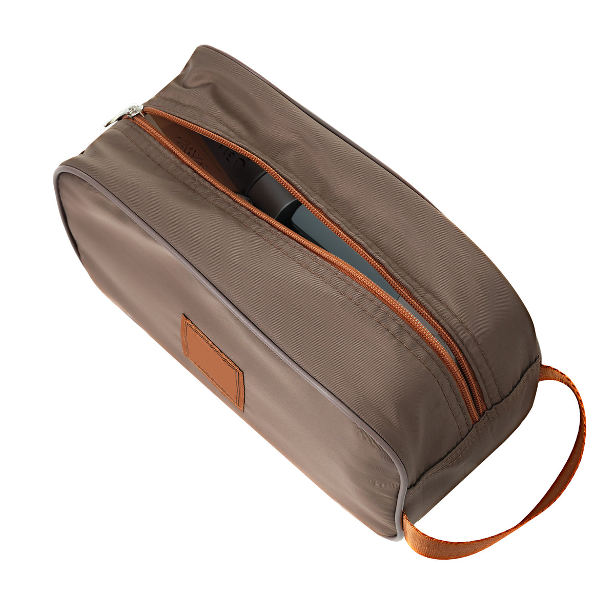 Gray zip-up fabric carry tote with tan trim and interior pocket