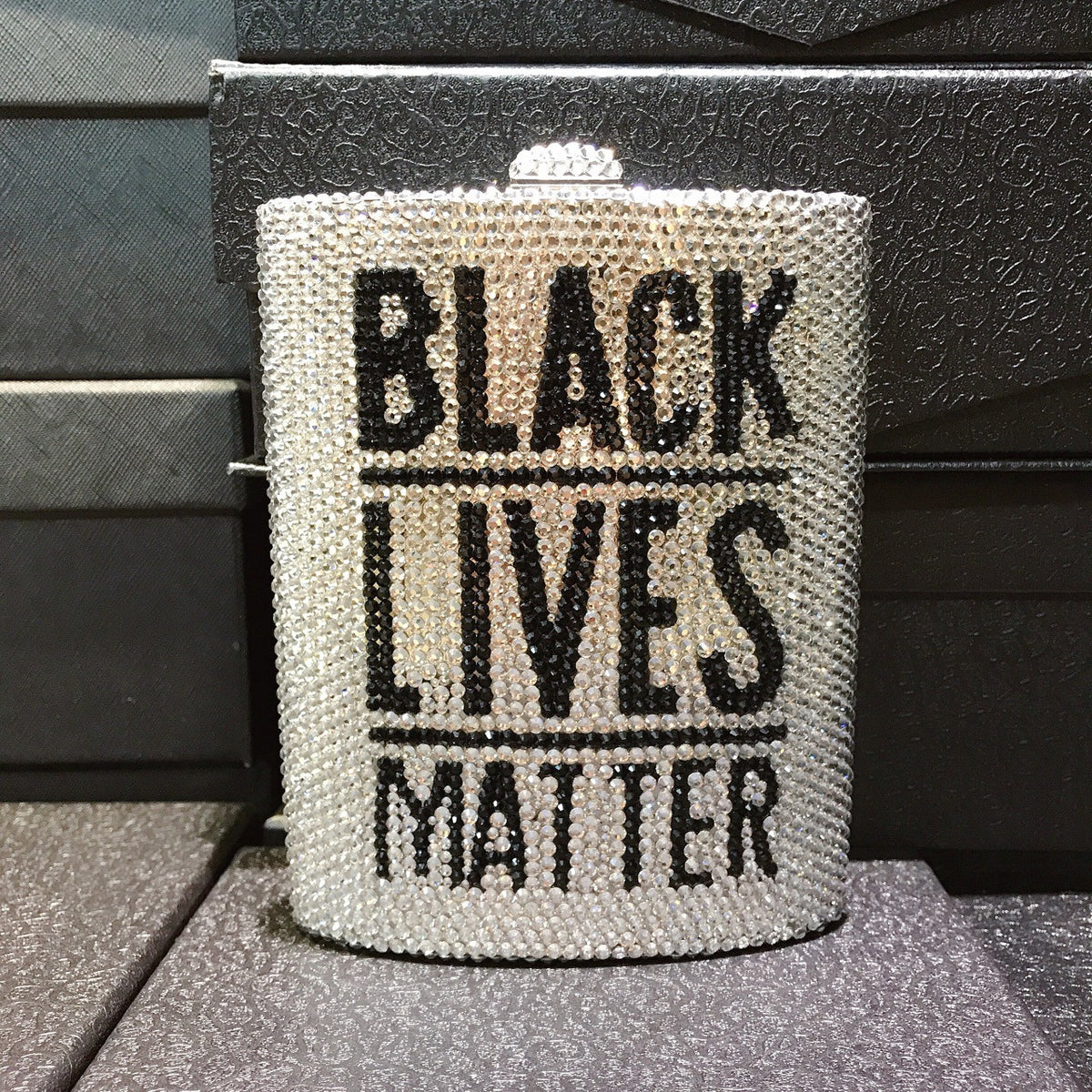 Rhinestone mini dinner bag with chain, “BLACK LIVES MATTER” text on front