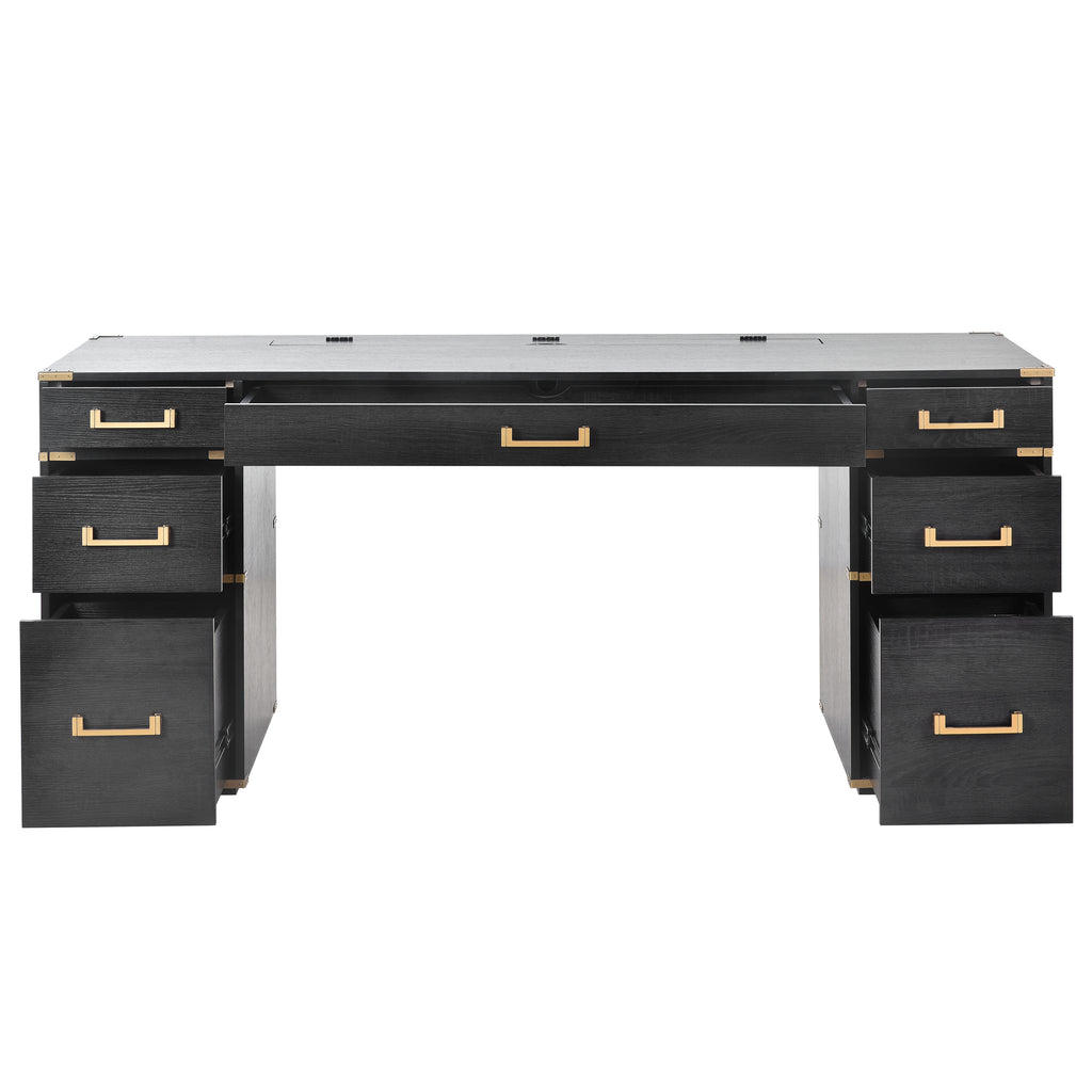 Black desk with center leg clearance and four drawer fronts on both sides