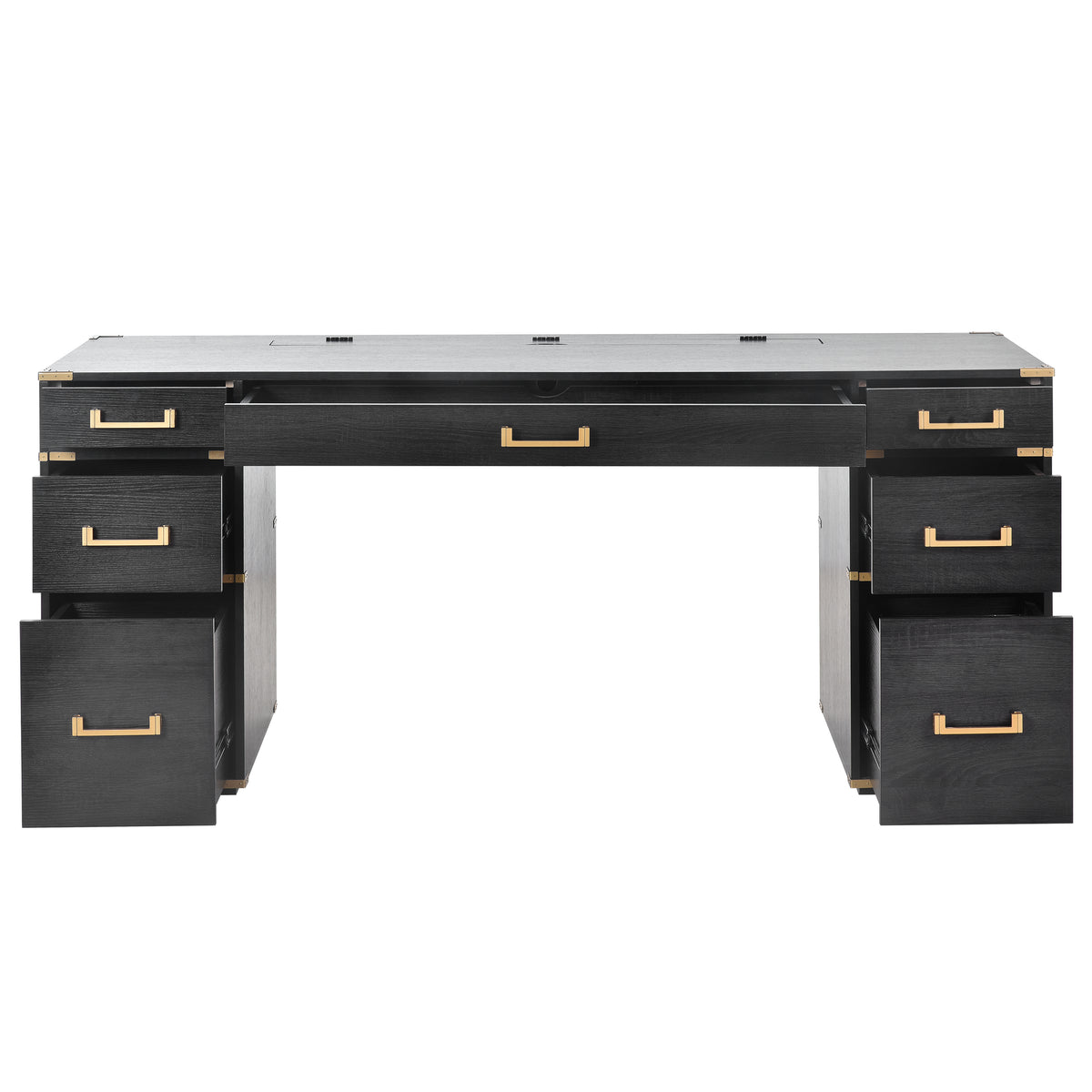 Black desk with center leg clearance and four drawer fronts on both sides