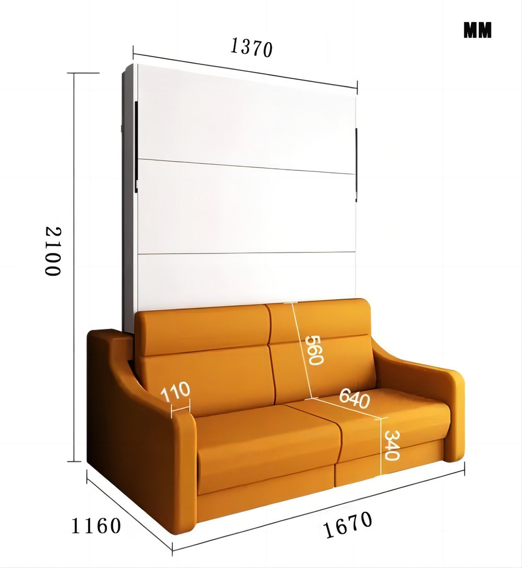 Full size Murphy sofa bed dimensions diagram with white panel and orange-brown sofa