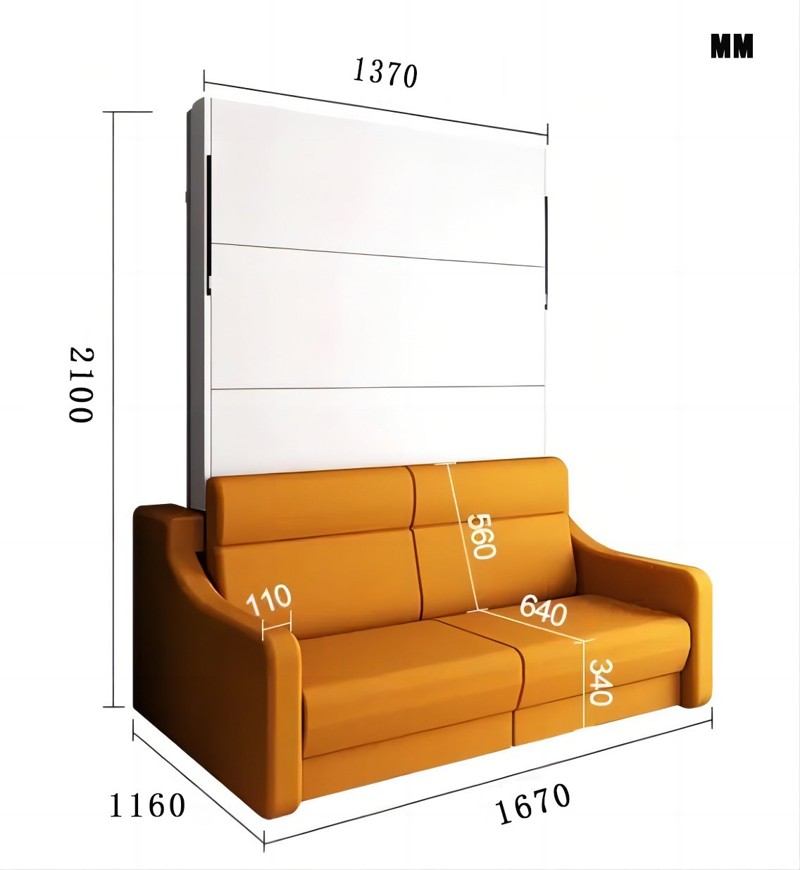 Full size Murphy sofa bed dimensions diagram with white panel and orange-brown sofa