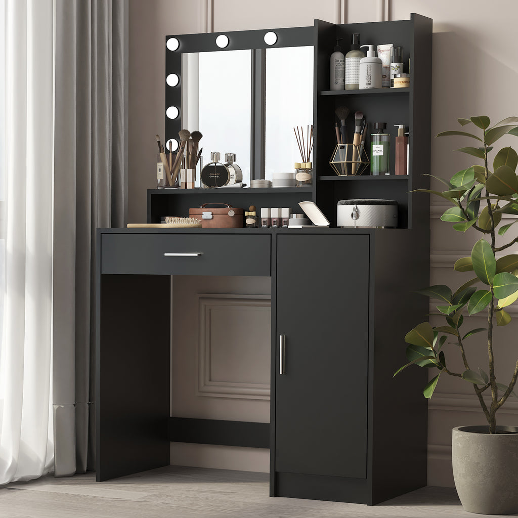 Black vanity desk with lighted mirror and open side shelves, countertop with makeup organizer