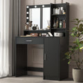 Black vanity desk with lighted mirror and open side shelves, countertop with makeup organizer