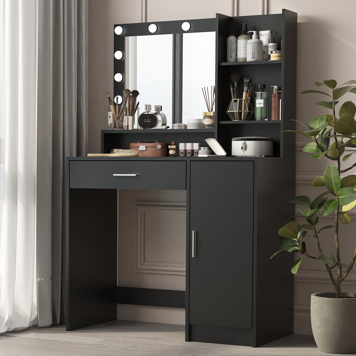 Black vanity desk with lighted mirror and open side shelves, countertop with makeup organizer