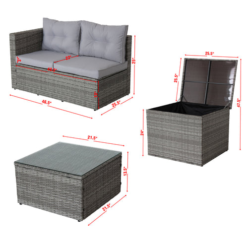 Grey outdoor sectional sofa with light cushions, plus storage ottoman and end-back unit (dimensions)