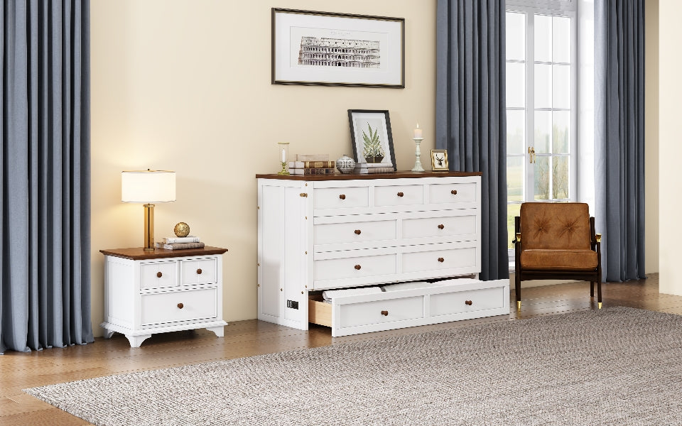White pine Murphy bed chest with wide storage drawers and open folding bed