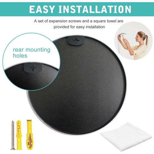 Round mirror back in dark finish with rear mounting holes, screws and cleaning cloth included