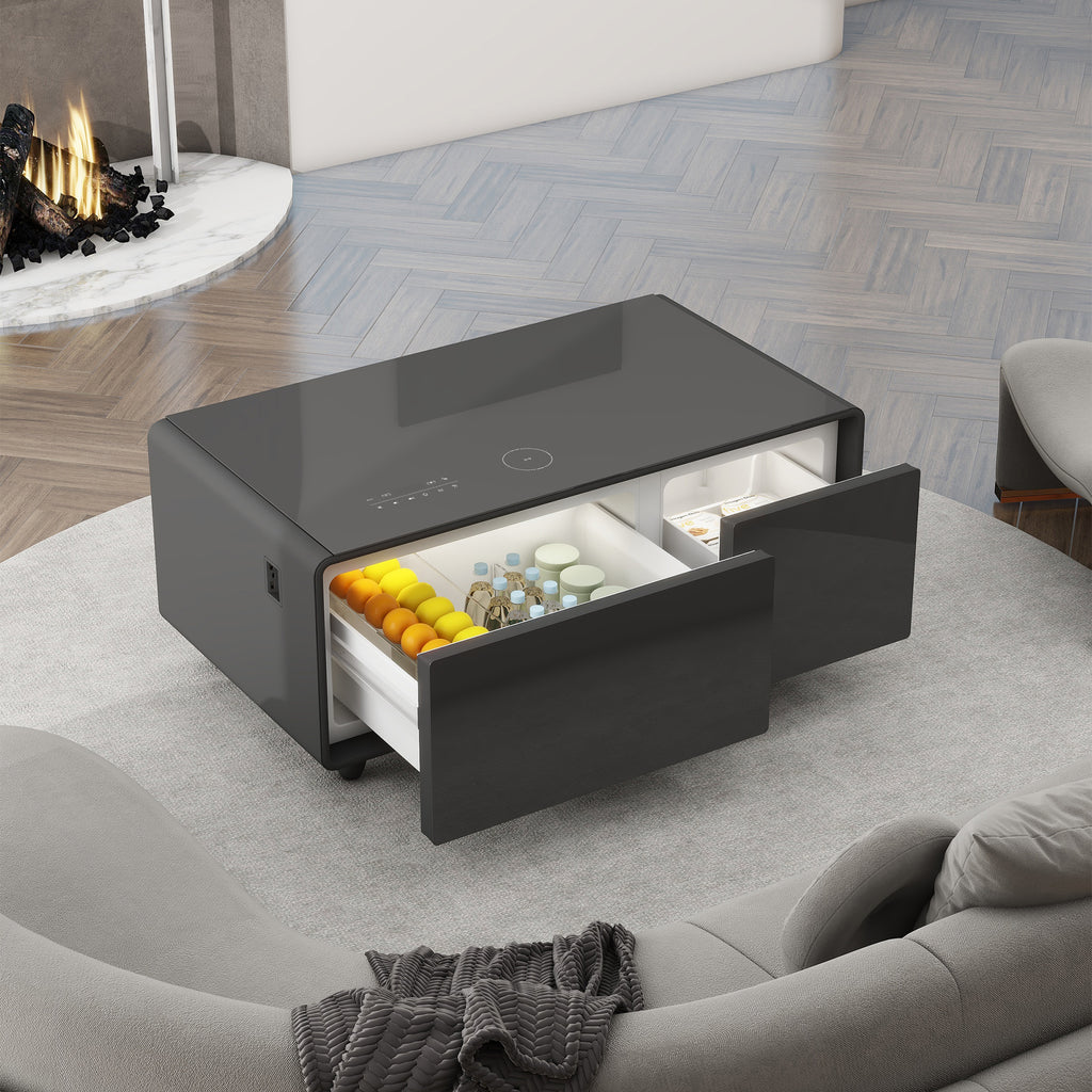 Black smart coffee table with open refrigerated drawers and two front handles