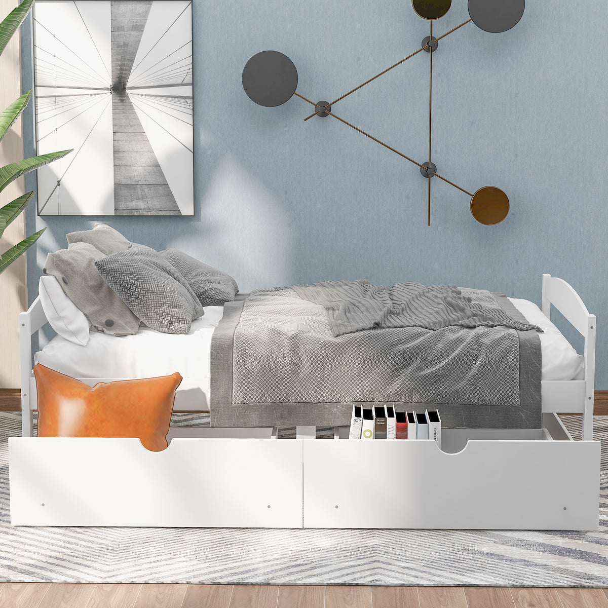 White twin platform bed with two drawers, storage opening and tall slatted headboard.