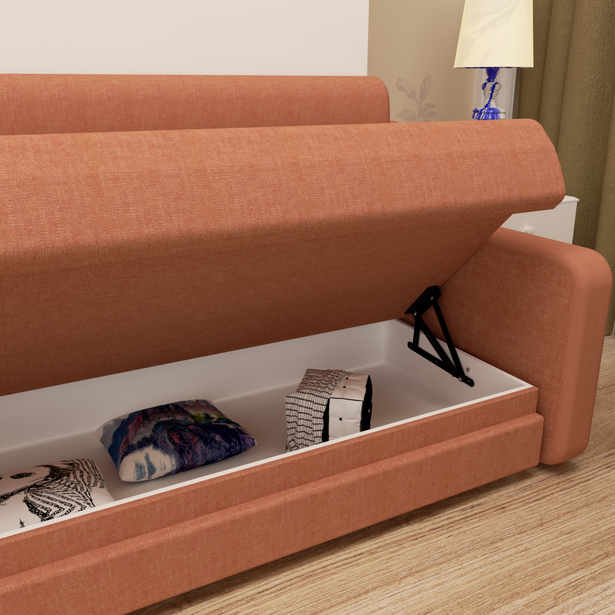 Full size Murphy sofa bed close-up of open storage drawer with orange-brown frame