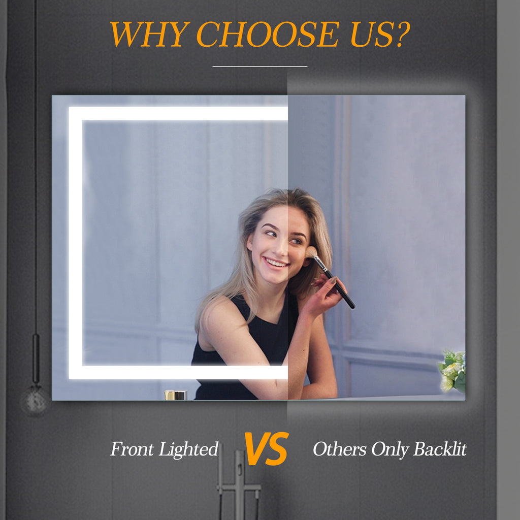 LED bathroom mirror with front-lit glowing border and clear reflective glass
