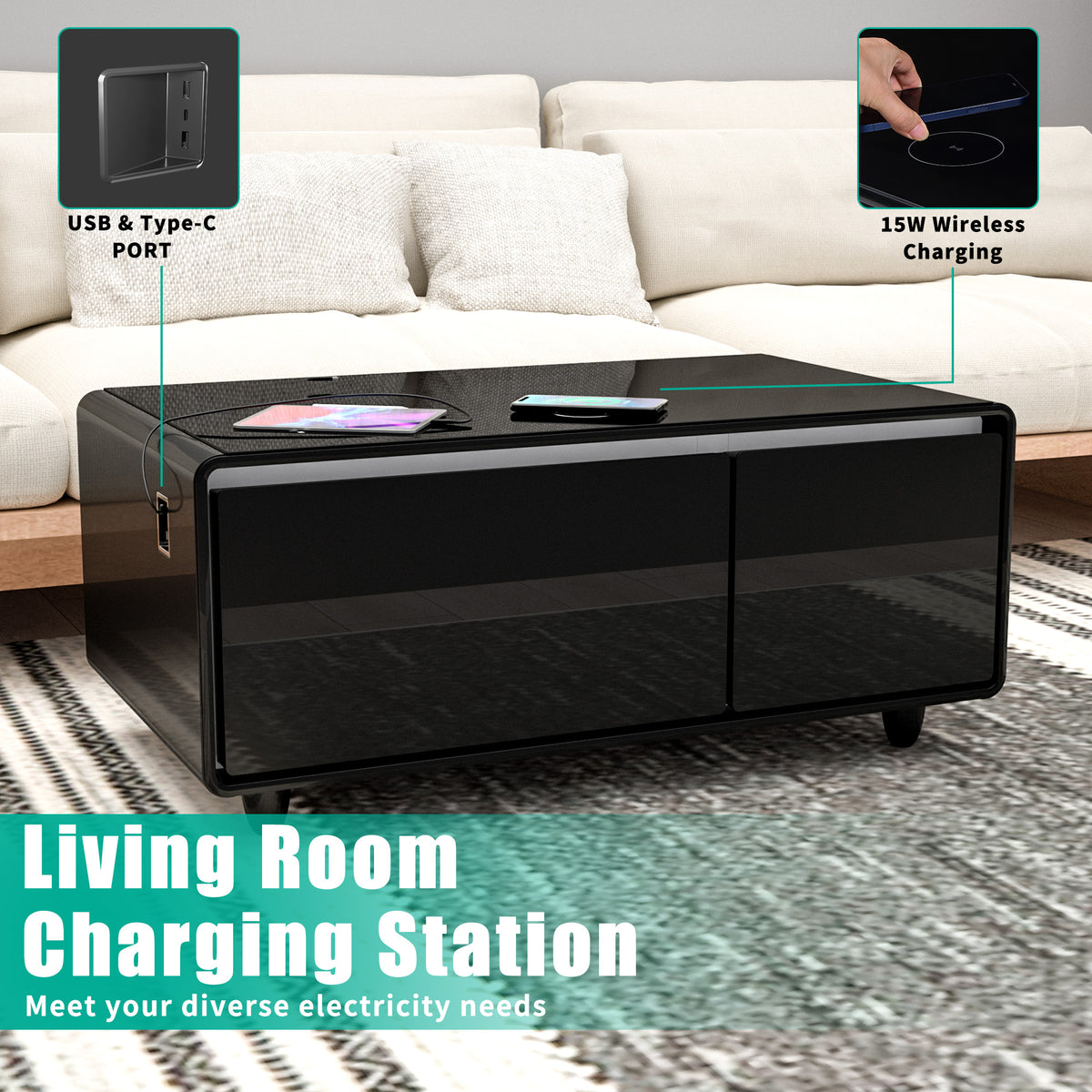 Black smart coffee table with glossy top, two doors, and front-edge charging station