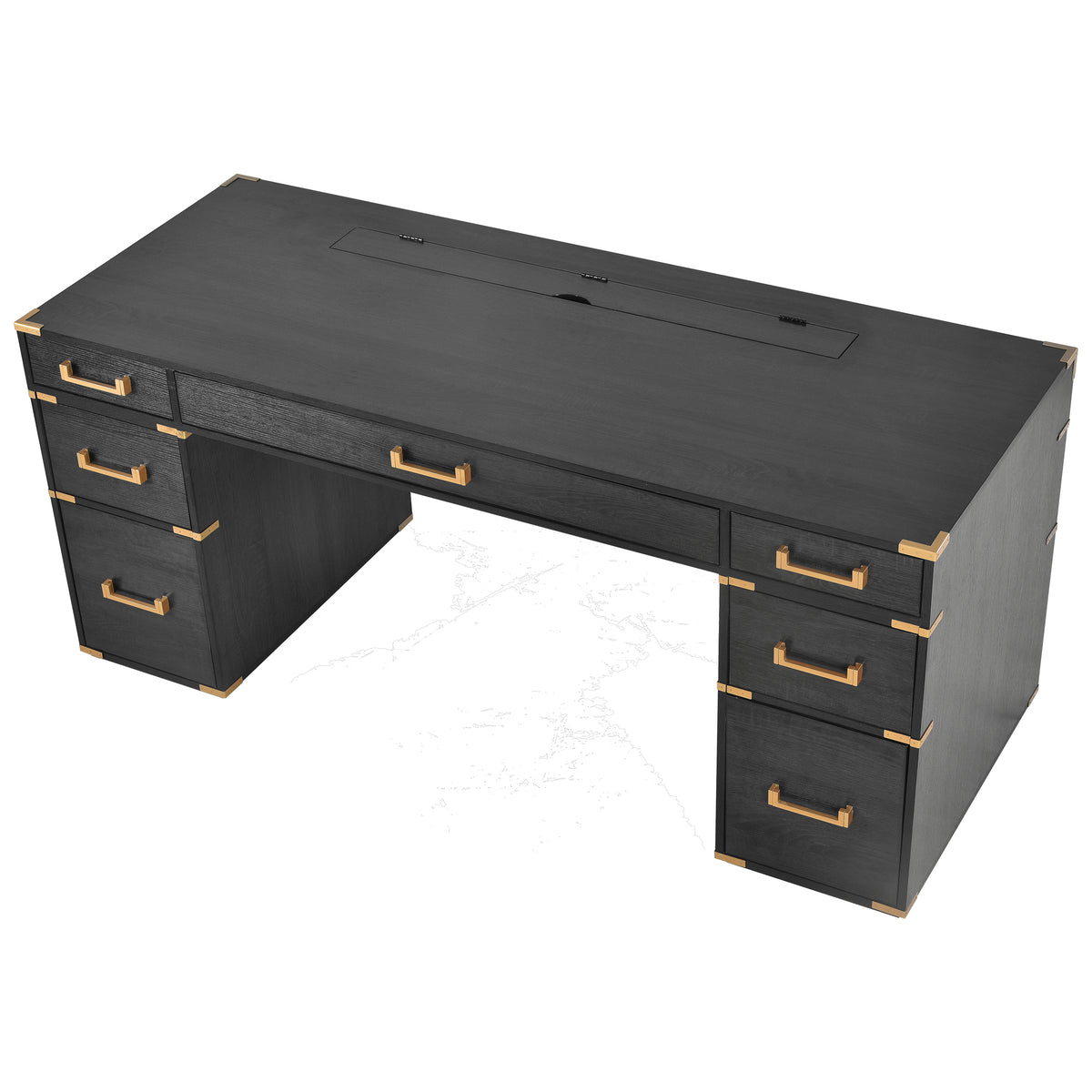 Black executive desk with metal trim and file drawers, gold handles