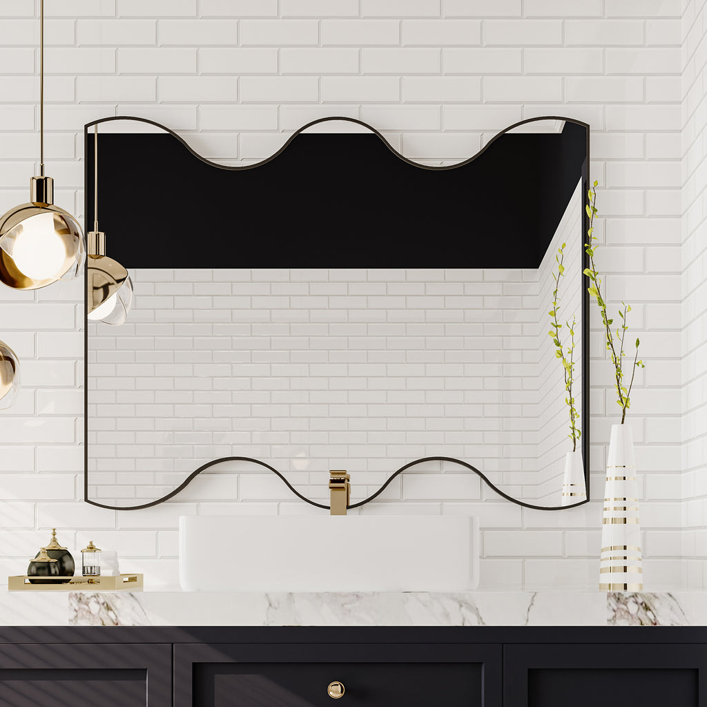 Wall mirror with wavy rectangular edges, black frame with gold hanging hardware