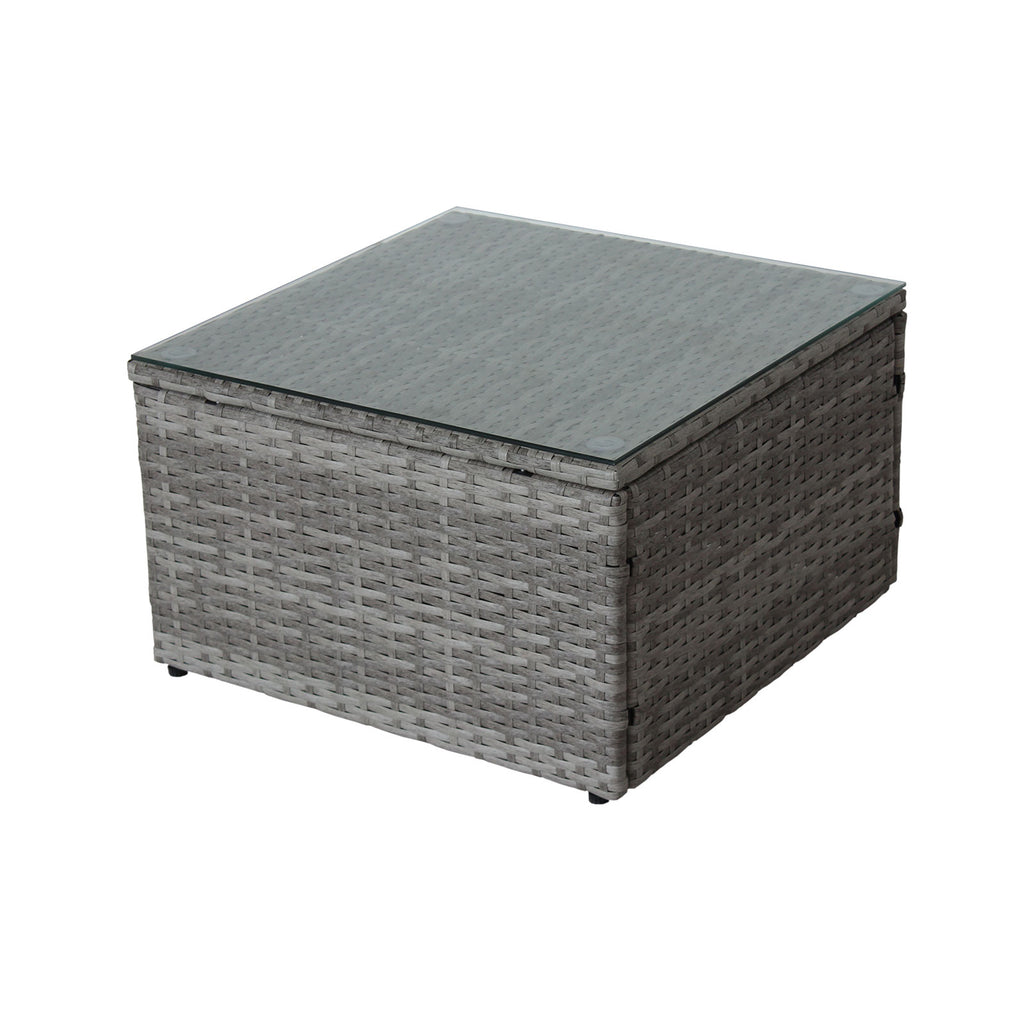 Grey wicker outdoor storage ottoman with square glass top and hinged lid