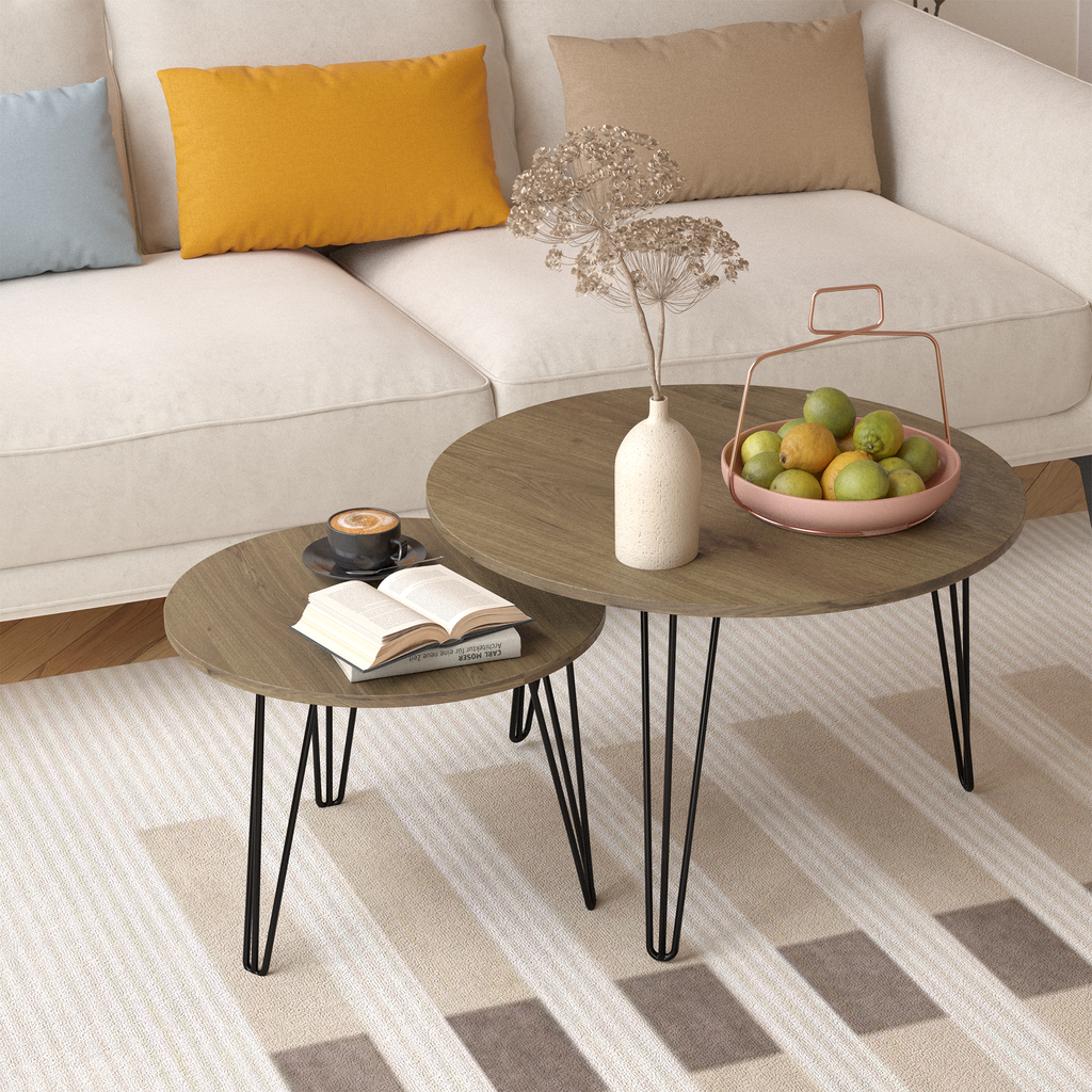 Round nesting coffee table set of 2 with dark wood-look tops and black metal base legs