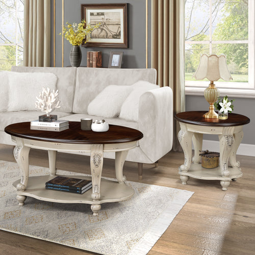 Antique white oval coffee table with dark wood top and open storage shelf