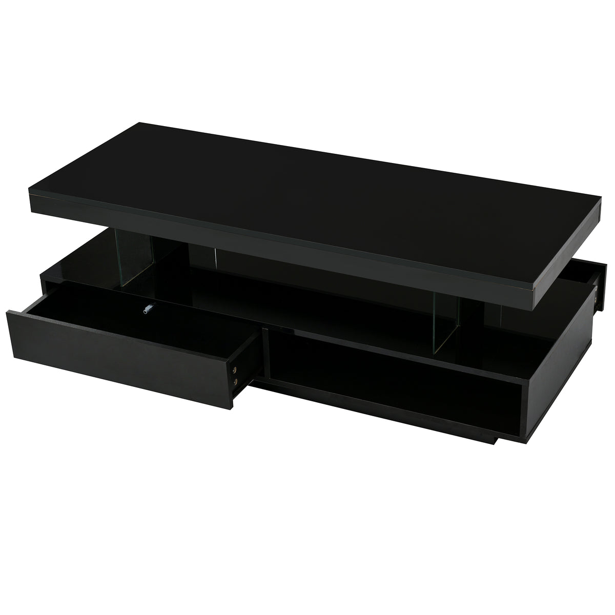 Black coffee table with open drawers revealing storage compartments underneath.