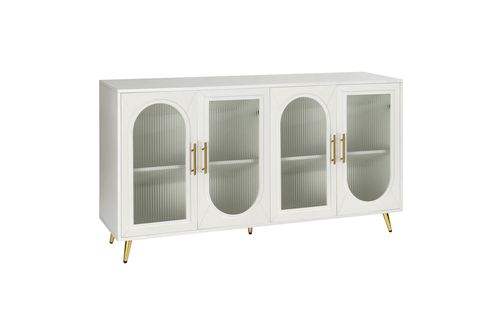 Antique white TV stand with two glass door cabinets and adjustable shelves