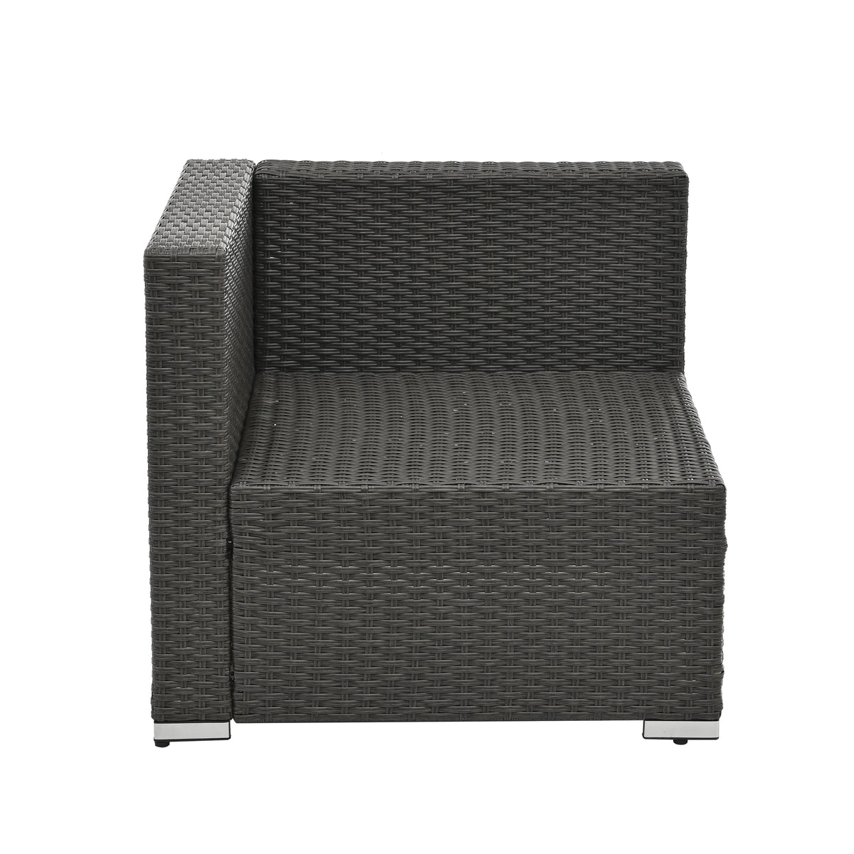 Dark gray woven outdoor lounge chair with light gray seat cushion