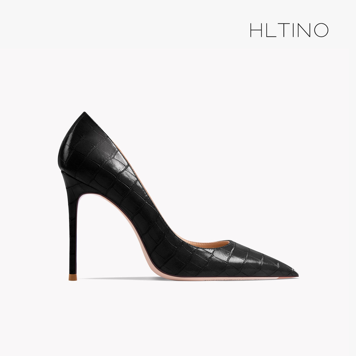 Women’s black patent leather pointy-toe high-heel pump, embossed crocodile texture upper