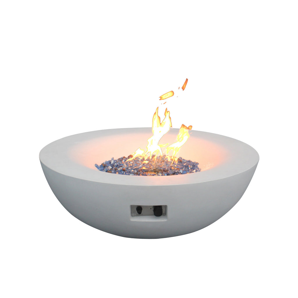 Antique white concrete propane fire pit bowl with flames and side burner vent