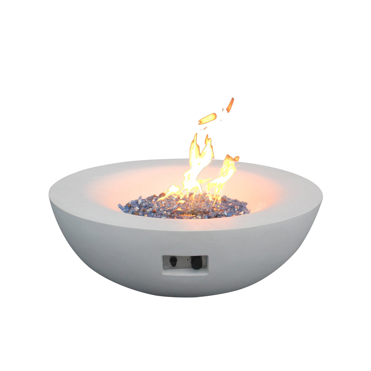 Antique white concrete propane fire pit bowl with flames and side burner vent