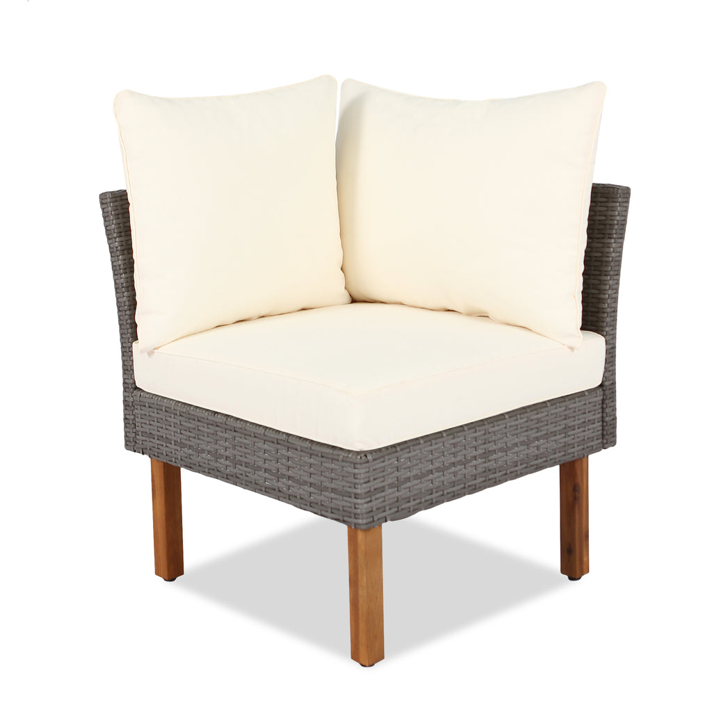 Single rattan armchair with beige cushion, dark wicker arms, and wooden legs