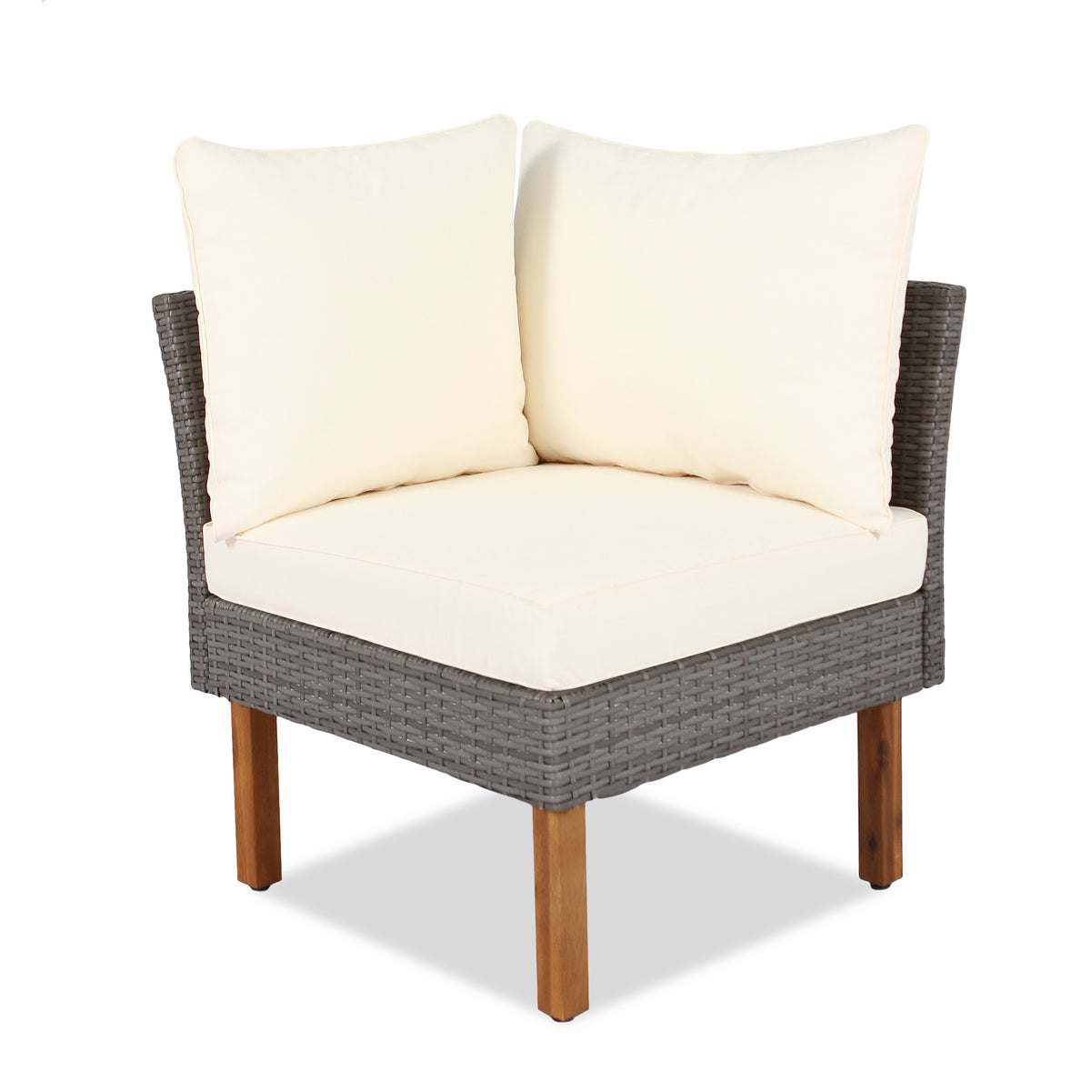 Single rattan armchair with beige cushion, dark wicker arms, and wooden legs