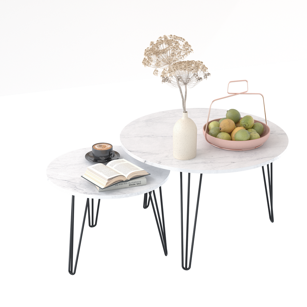 Round nesting coffee table set of 2, white marble-look tops and black metal legs
