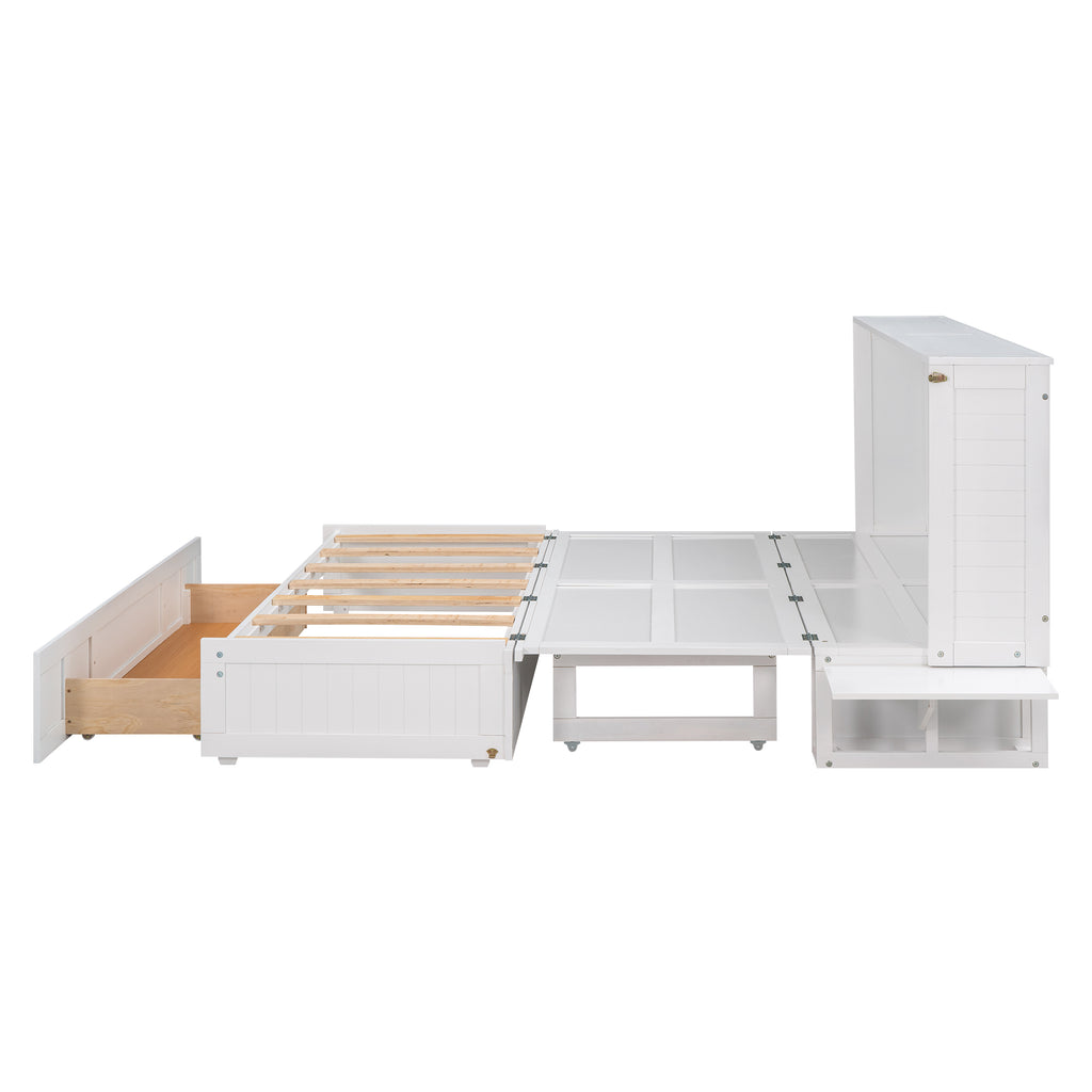 White Murphy bed side view open with slatted platform and side storage shelves
