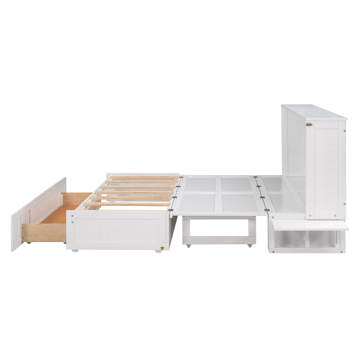 White Murphy bed side view open with slatted platform and side storage shelves